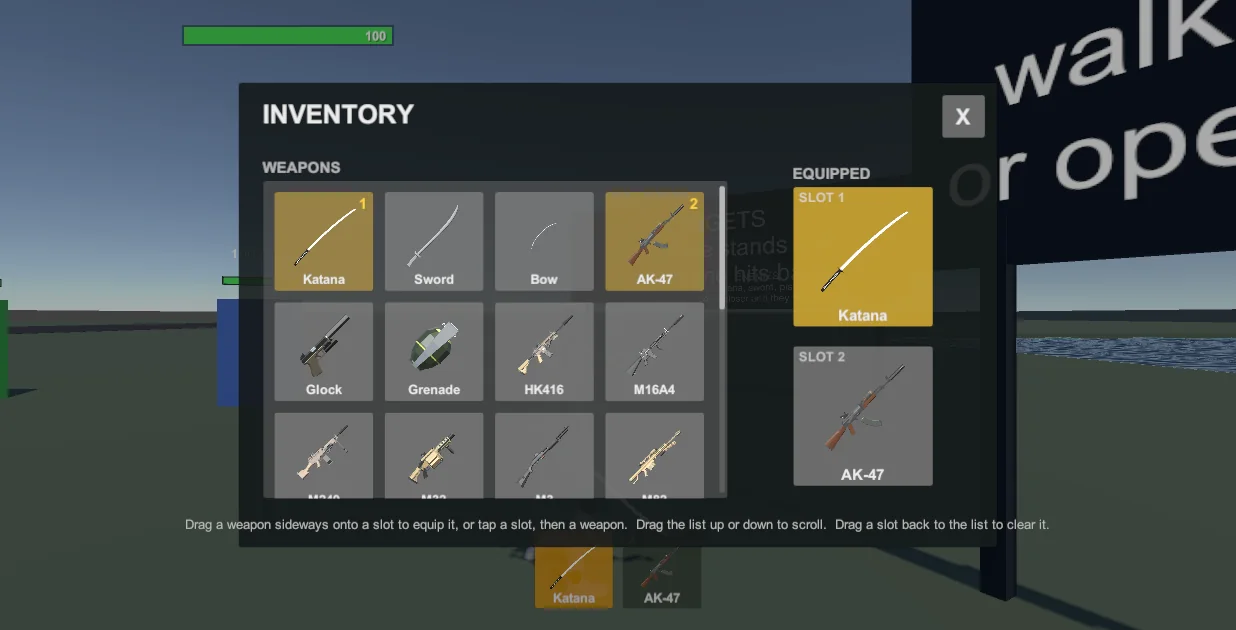 The bag: drag a weapon onto a slot, or tap a slot and then a weapon.