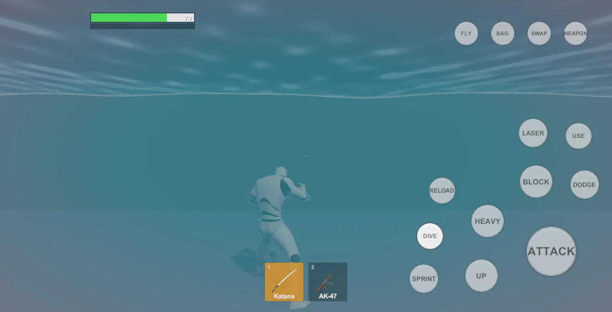 Under water: the breath bar under the health bar, and UP / DIVE on the touch HUD.