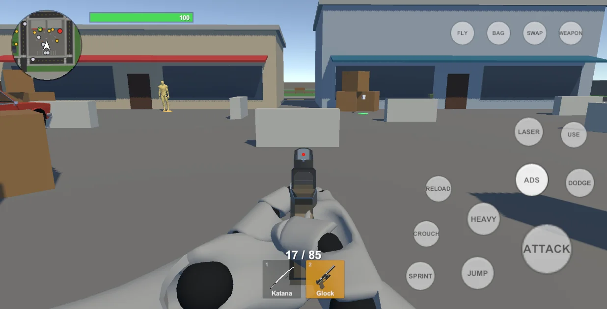 Aiming down the sights. On touch the block button reads ADS.