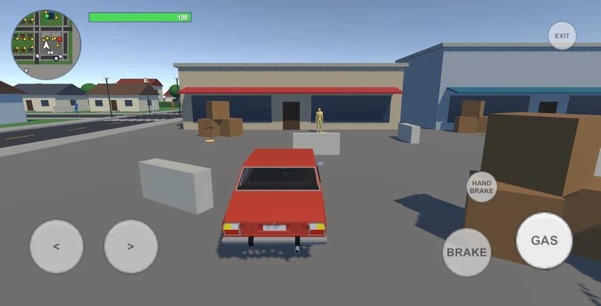 Driving on the touch HUD: steer left and right, gas, brake, handbrake, exit.