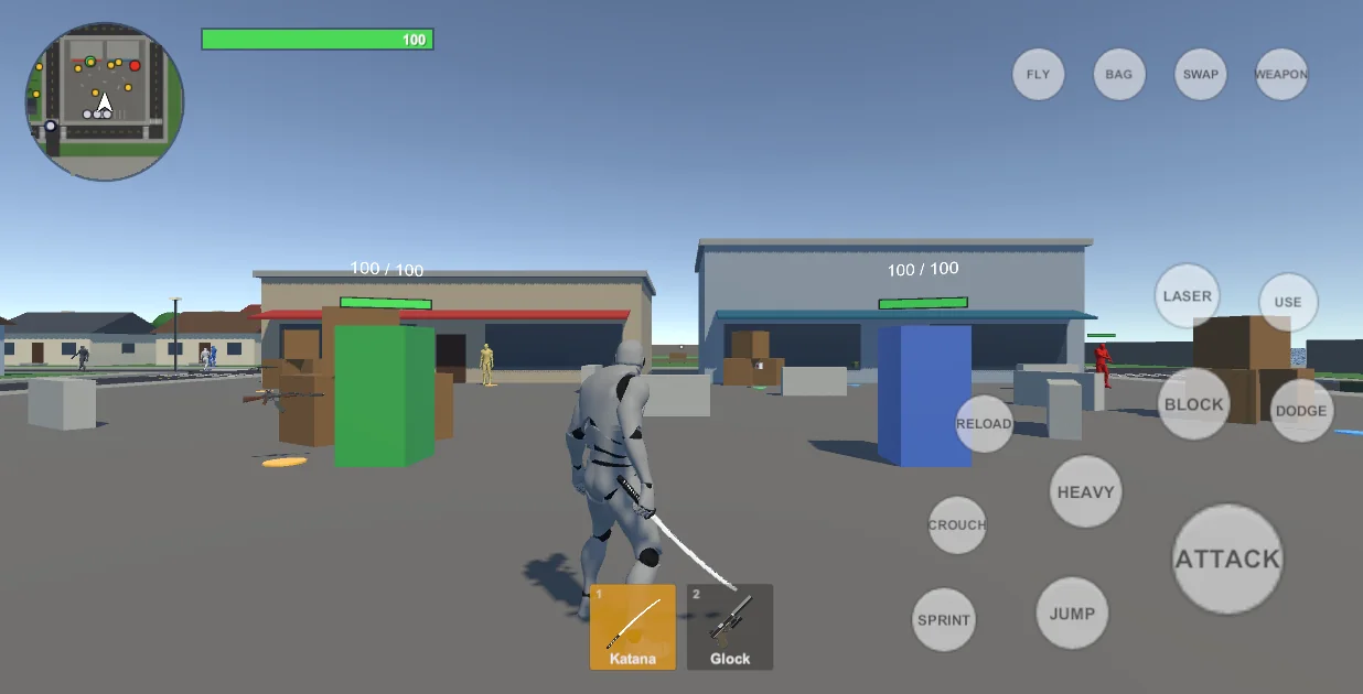 The player in a town from the City Builder, with the touch HUD, health bar and minimap.