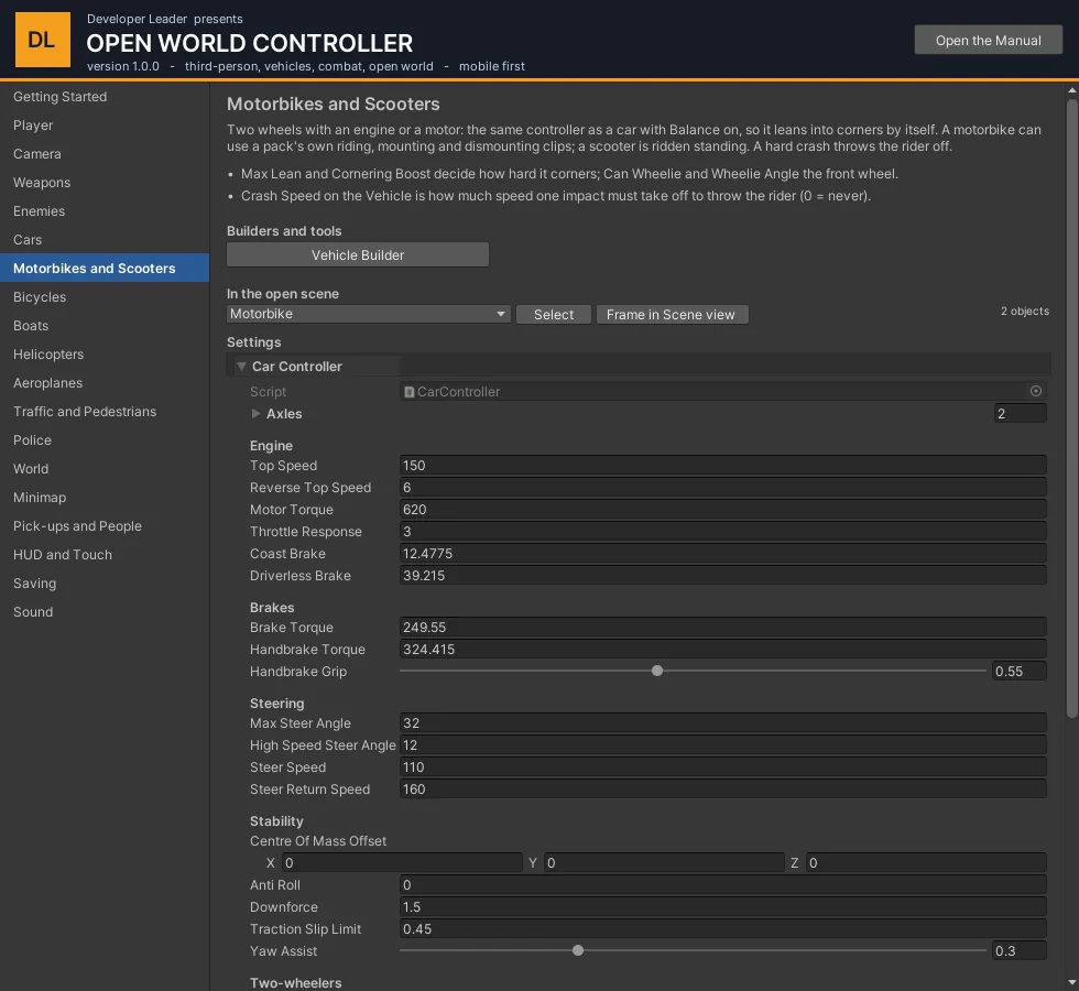 A motorbike's controller: the two-wheeler settings are in their own group.
