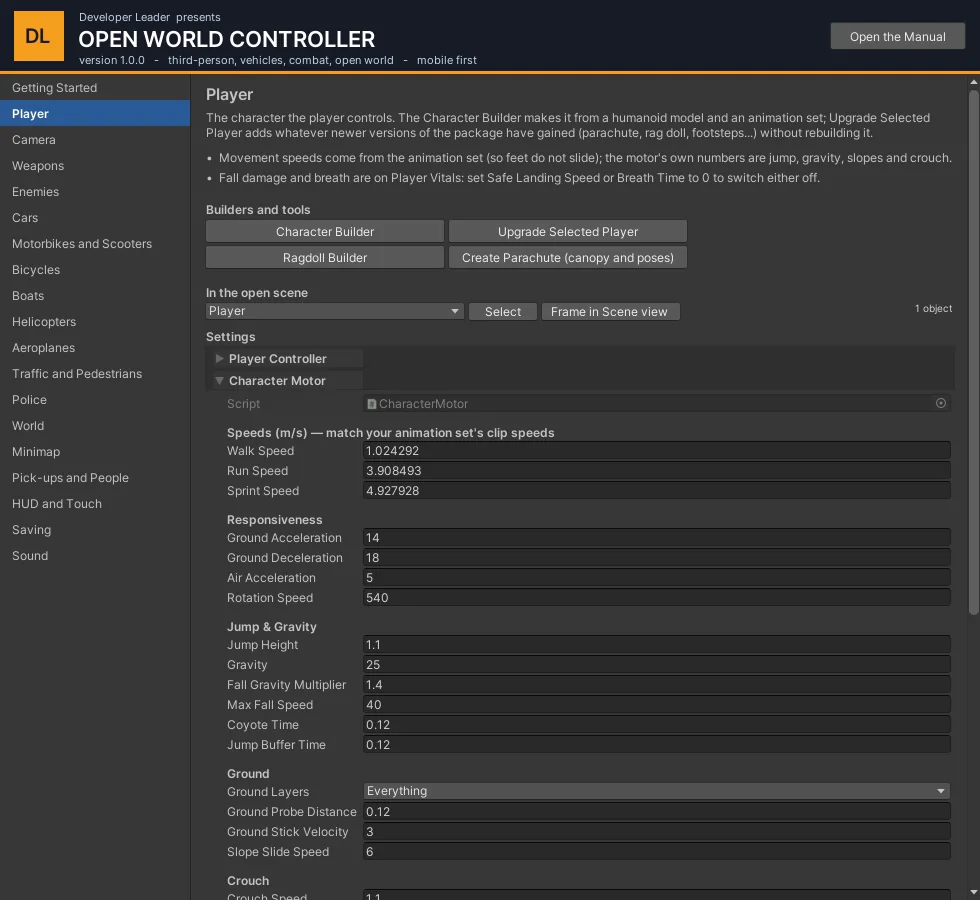The Player section with the Character Motor unfolded. Every other component of the player is one click below it.