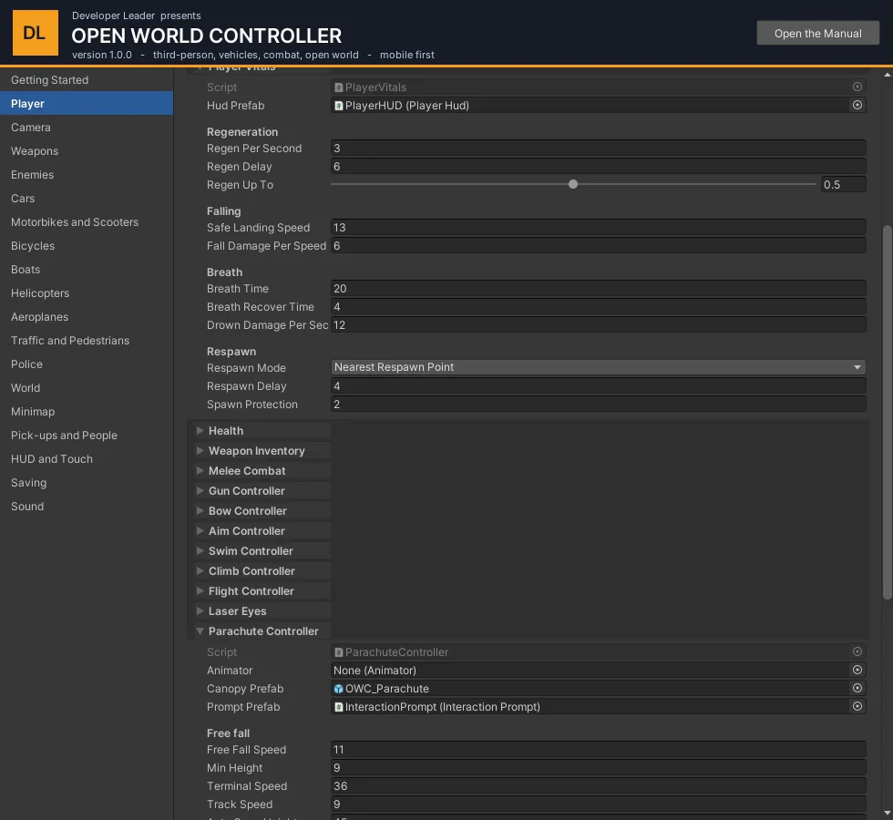 Player Vitals and the Parachute Controller in the Hub.
