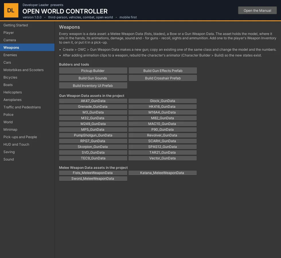 Weapons in the Hub: the tools, and every weapon asset in the project.