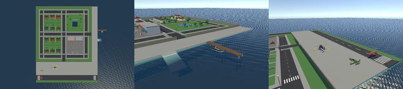 A built town from above; the harbour; the airfield.
